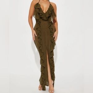 Fashion Nova Dress - Devin Ruffle Maxi Olive Women's Sz L NWT